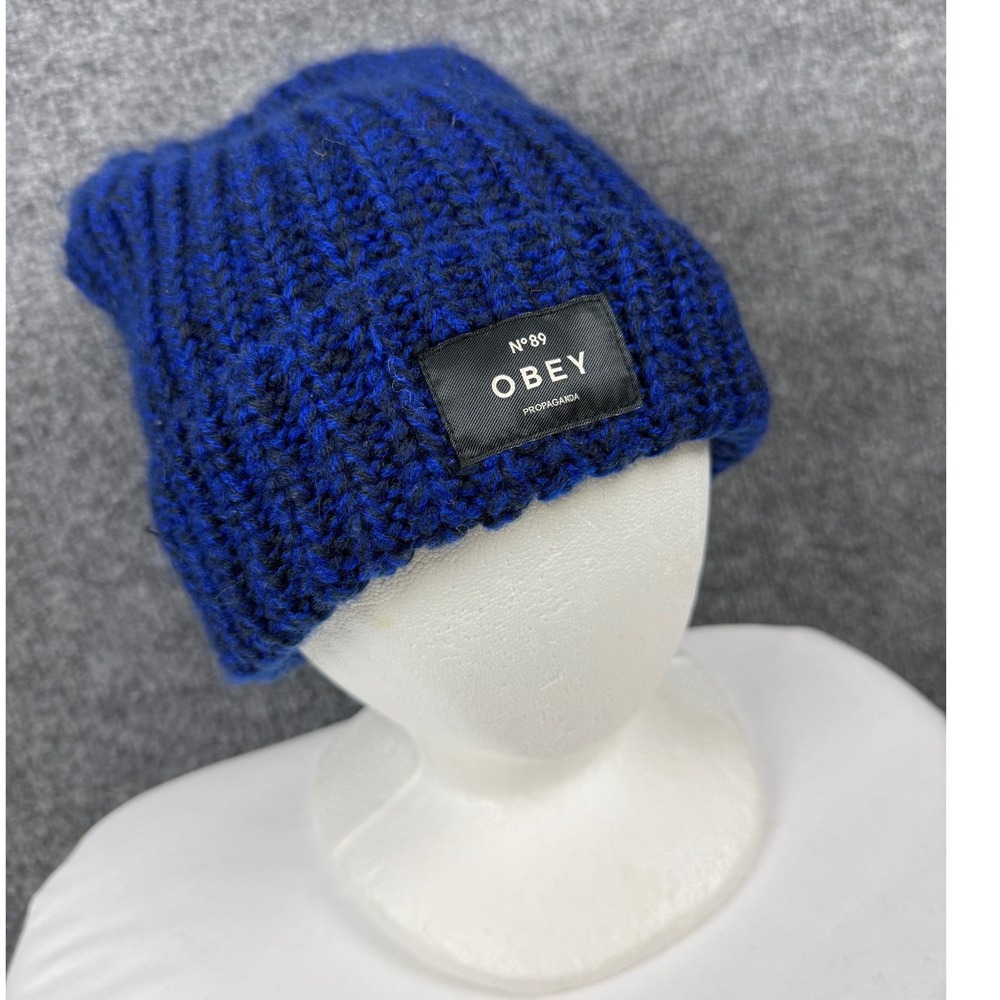 Obey Propaganda No 89 Beanie Blue Black Ribbed Chunky Knit Streetwear Hat OS EUC